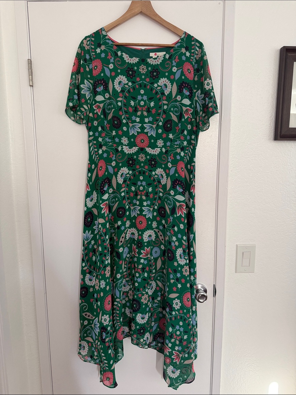 Boden Green Floral High-Low Dress with Pink Accents